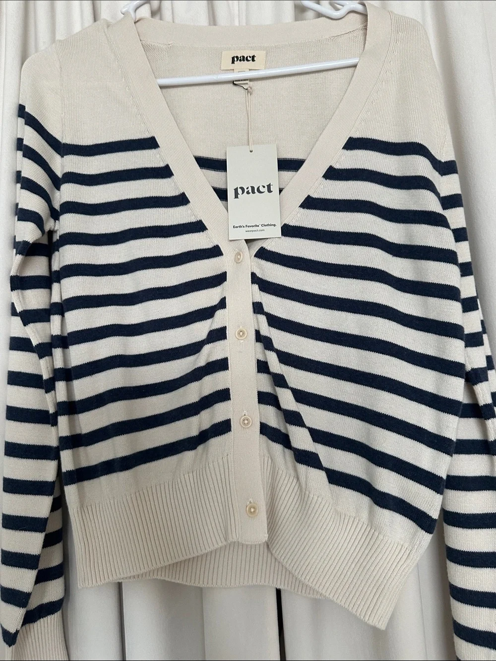 PACT Organic Cotton Striped V-Neck Cardigan Sweater Cream Navy S NWT